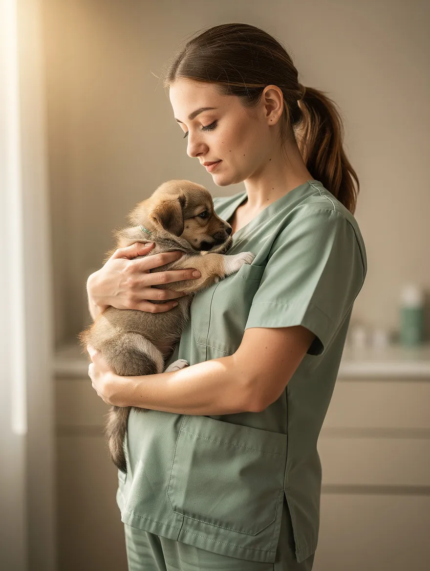 Vétérinaire de la Clinique Vétérinaire GDM tenant un chiot avec douceur à Caen