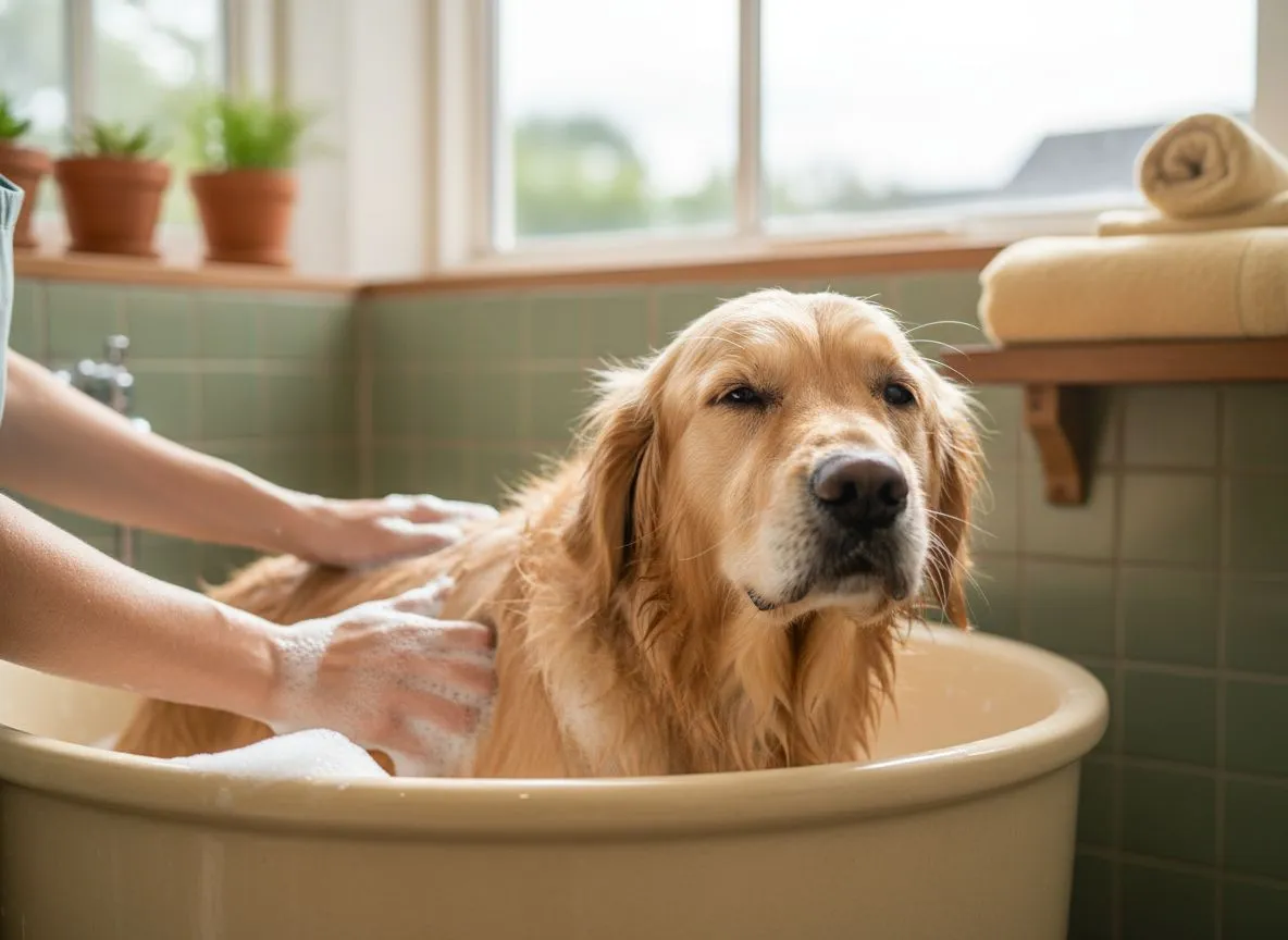 Bain d'un chien lors d'un toilettage à Caen